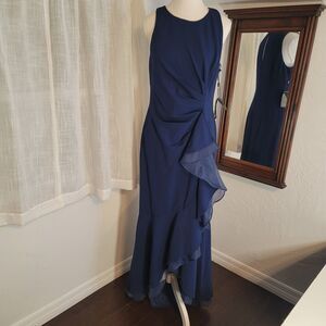 Adrianna Papell Navy Ruffle Crepe Gown Sz 10 High Low Formal Dress